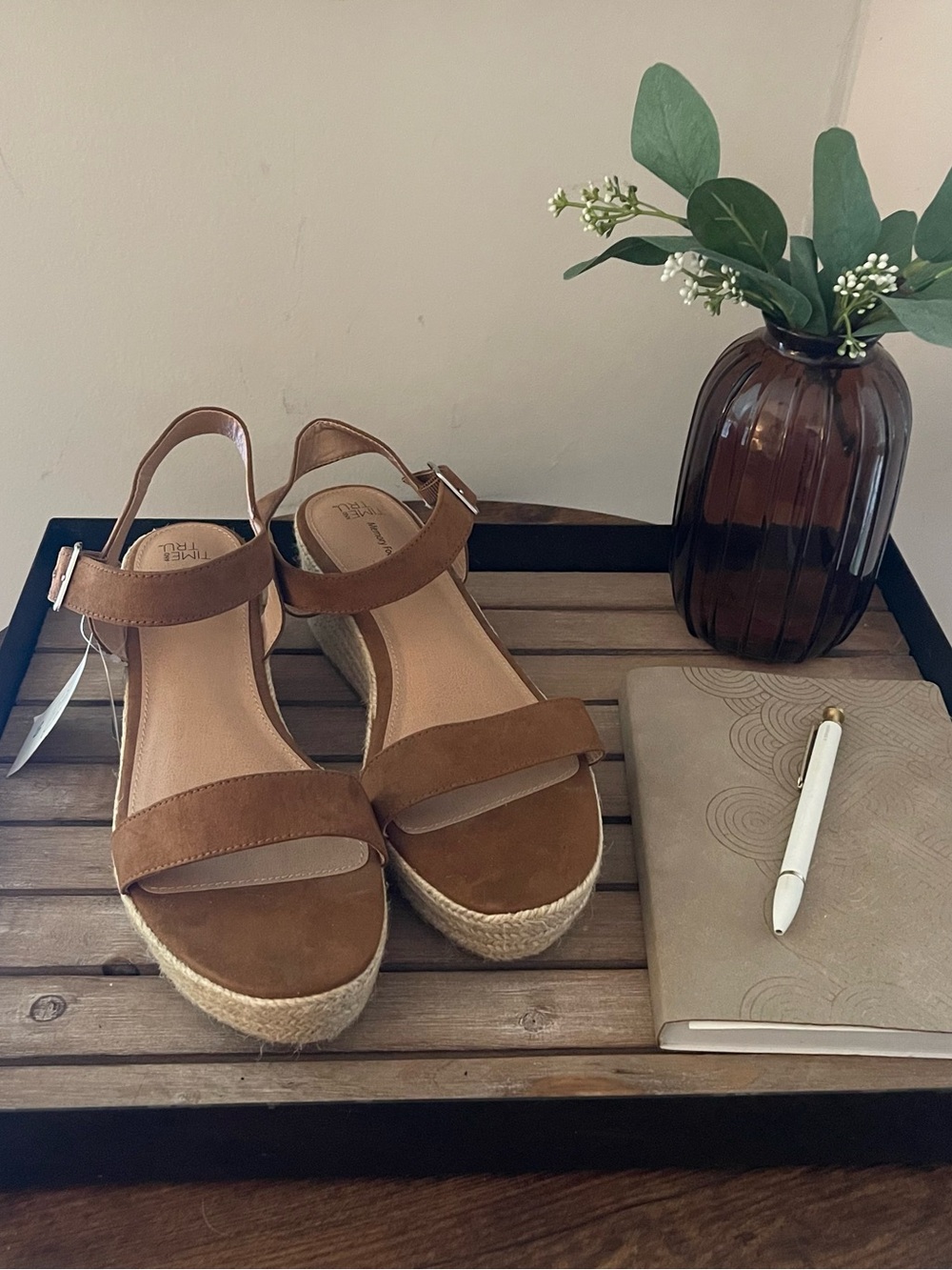 Time and Tru Brown Tan Espadrille Platform Sandals with Ankle Strap